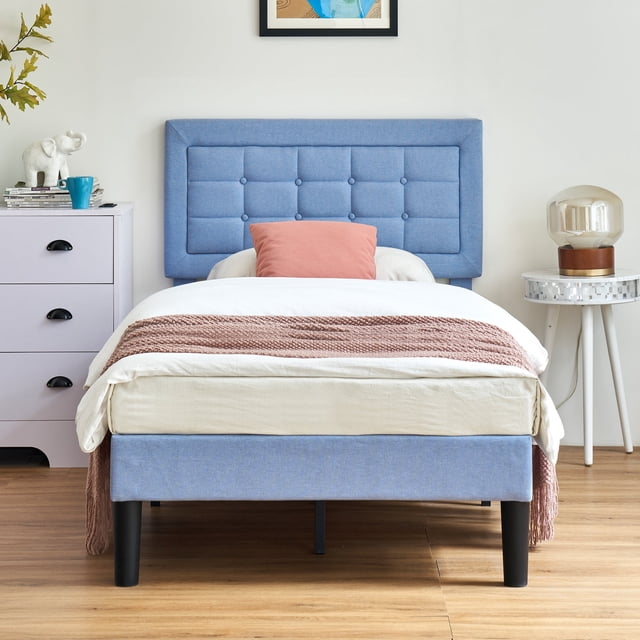 VECELO Twin Size Upholstered Bed Frame, Modern Platform Bed Frame with Adjustable Button Tufted Headboard for Bedroom, No Box Spring Needed, Easy Assembly, Light Blue