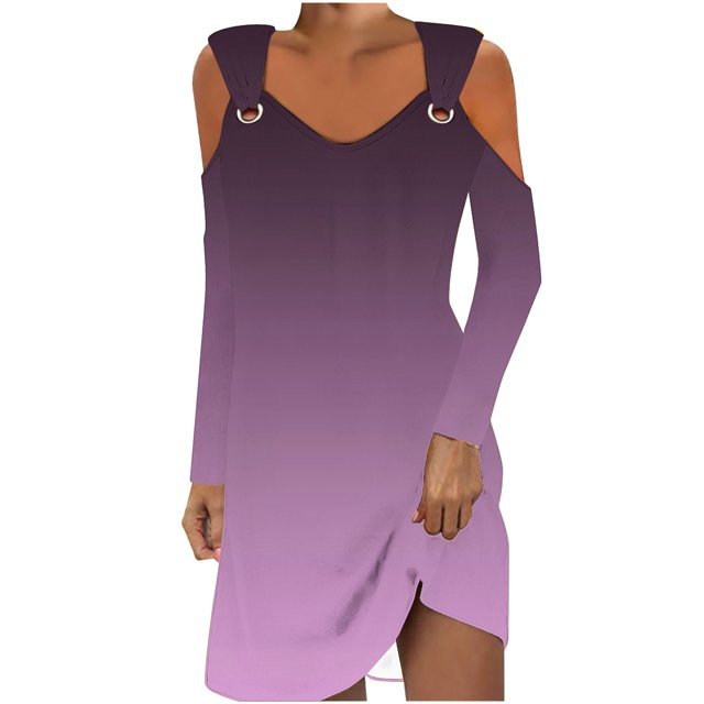 Robes Fluides pour Femmes Automne Robe à Épaules Dénudées pour Femmes Automne Manches Longues Col en V Ligne A Mini Robe Soleil Tuniques Robes Femmes Grande Taille Robes d'Automne P-29 Violet m