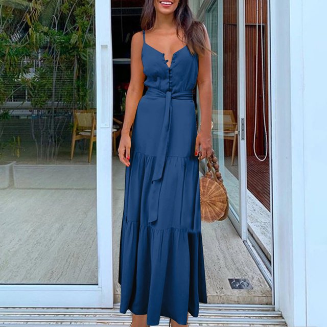 Drppepioner Robes Femmes Été Mode Femmes Été Bohème Robe Mi-Longue à Bretelles Bleue 12(TTG)