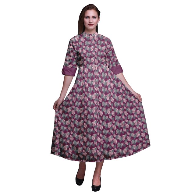 Bimba Robe Chemise à Imprimé Feuilles à Boutons, Col Mandarin, Manches Retroussables, XXX-Grand