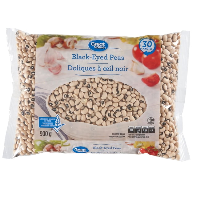 Great Value Pois aux Yeux Noirs Sac de 900 g Contenant des Pois Beiges Séchés avec des Taches Noires, Étiquetés comme une source Très Élevée de Fibres et une Excellente source de Fer, de folate et de Magnésium, Cuisson en 30 minutes, Idéal pour les Aliments du Garde-Manger et les Haricots Séchés, Souvent Utilisé comme Ingrédient Nutritif dans les Soupes et les Ragoûts.