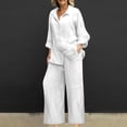 thumbnail image 2 of Women 2 Piece Linen Sets 2025 Button Up Long Sleeve Shirt Drawstring Wide Leg Pants Set Summer Outfits, 2 of 5