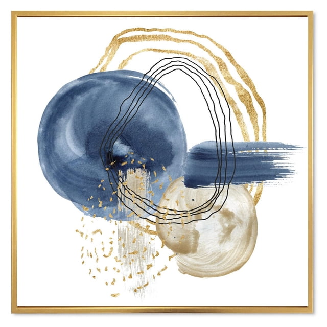 Designart Abstract Dark Blue Gold & Black Underwater Life FLOAT FRAME WALL ART featuring abstract dark blue and beige circular shapes accented with black oval lines and gold brush strokes on white gallery-wrapped canvas within a thin gold floating frame, ready to hang.