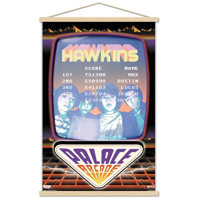 Netflix Stranger Things: Season 2 - Palace Arcade Wall Poster, 22.375" x 34", depicting a retro arcade game screen with 'HAWKINS' in large yellow and pink 3D letters, a high score leaderboard listing Max, Dustin, and Lucas, and a triangular Palace Arcade logo in purple and orange at the bottom, printed on glossy poster paper with vibrant colors and a black background featuring orange mountain silhouettes, suitable for room décor or themed party decoration.