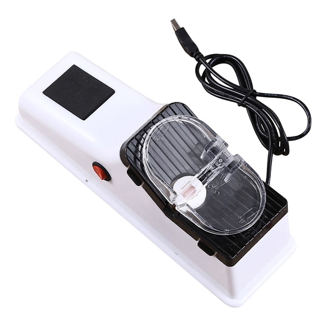 EGNMCR Electric Knife Sharpener with a white and black design, featuring a protective transparent cover and a USB interface for power. This compact sharpener is designed for quick sharpening and polishing in 5 seconds, suitable for knives and scissors. Includes a safety cover to prevent metal scraps from splashing. The device is shown with a USB cable attached.