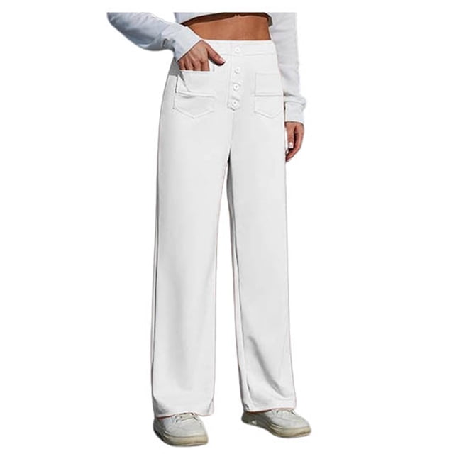 WEIYLL Womens Pants Work Straight Wide Leg Button Down High Elastic Waisted Pockets White Trousers size XXXXL