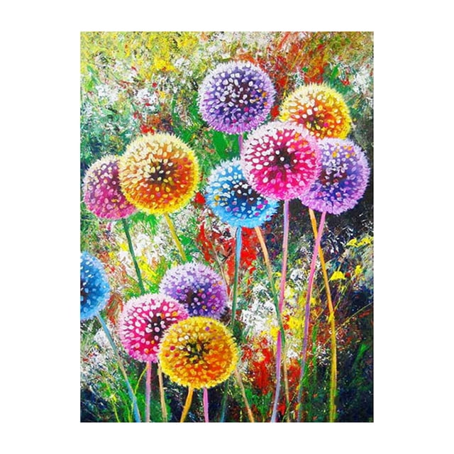 12*16 Inch Dandelion DIY 5D Diamond Painting Kit with a colourful dandelion and flower pattern. Includes high-definition canvas, acrylic rhinestones, and assist tools such as a pen, plastic tray, and glue. Perfect for kids' arts and crafts, home wall decor, or as a thoughtful gift. Frameless design.