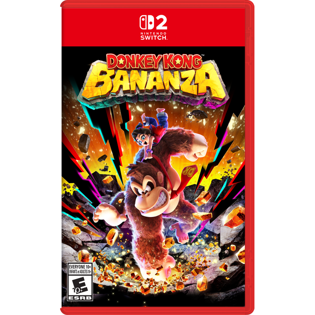 Donkey Kong Bananza Nintendo Switch 2 game cover featuring Donkey Kong with his red 'DK' tie smashing through rocky terrain with golden shards flying around, set against a dynamic orange and black background with colorful lightning streaks, illustrating the game's 3D platforming action.