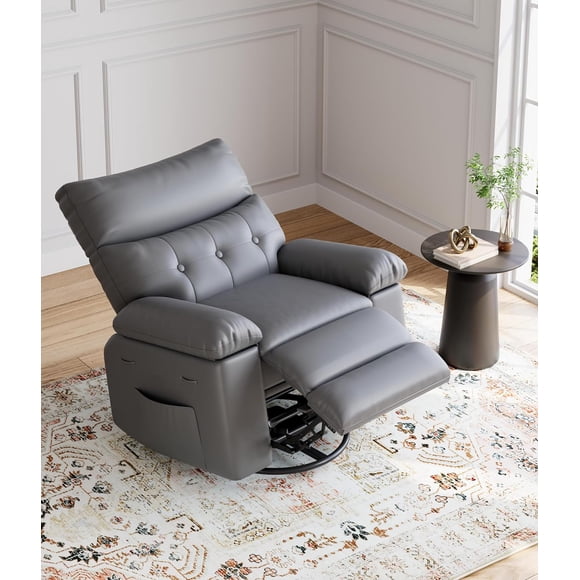 Oversized Wide Rocker Swivel Recliner Chair - Faux PU Leather Large Manual Recliner for Adults, Lazy Chair with 1.5X Sponge Comfort Arm and Back for Living Room, Bedroom