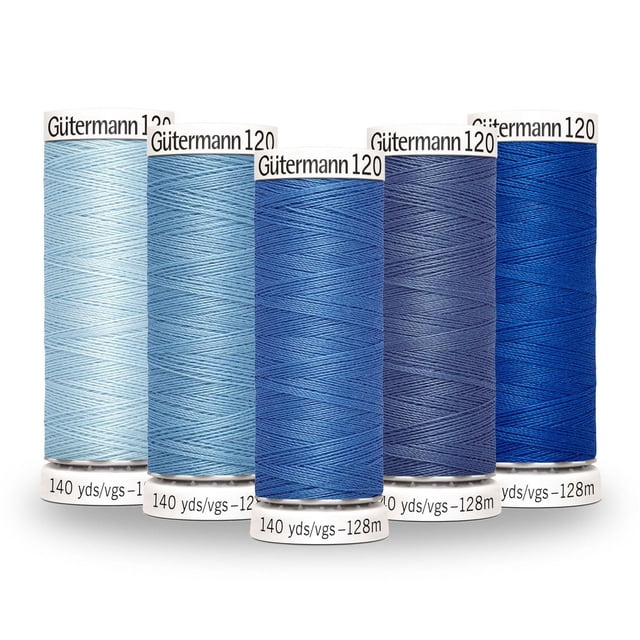 Gutermann 120 100% polyester all purpose thread colour gradient pack of 5 spools in shades from light to dark blue, each labeled 'Gutermann 120' and '140 yds/vgs - 128m', suitable for machine and hand sewing on cotton, synthetics, and craft projects.