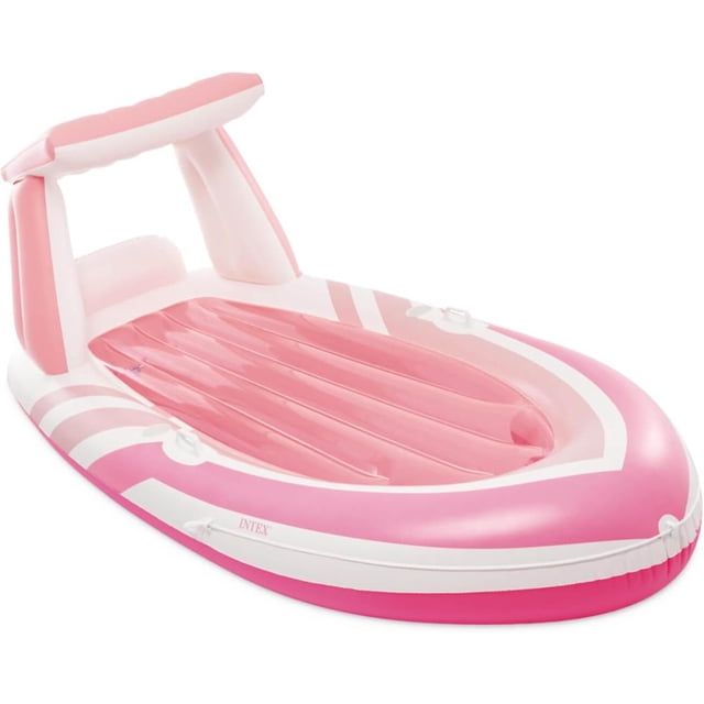 Intex Pink Paradise Boat Float, Inflatable Pool Float for Adults, 96” x 47” front-facing view of a pink inflatable boat float with vinyl surface; inflated 96” L x 47” W x 38” H (2.44m x 1.19m x 97cm). Visible durable handles on each side, Intex logo on rim, supports up to 220 lbs (100 kg). Often used as a pool lounge for sunbathing or relaxed social floating.