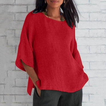 Chemises à Manches 3/4 pour Femmes, Mode Femmes Nouveau Style Chemises en Coton et Lin de Couleur Unie Coupe Ample Blouses à Col Rond Hauts Décontractés d'Été pour Dames
