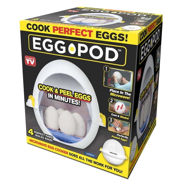Egg Pod Microwave Egg Cooker BPA Free Egg Cooker As Seen On TV, a white plastic egg cooker designed for microwaving up to 4 eggs. The packaging emphasizes its quick cooking and peeling process, requiring water for steaming. It includes a measuring cup and features a multi-purpose design for steaming vegetables like small potatoes and corn. Compact and dishwasher safe, it measures 6 inches tall and 7.25 inches wide, making it easy to store.