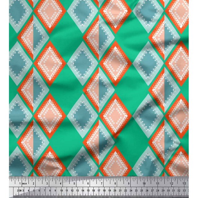 Soimoi Green Poly Georgette Fabric Stripe & Diamond Geometric Print Sewing Fabric Yard 42 Inch Wide
