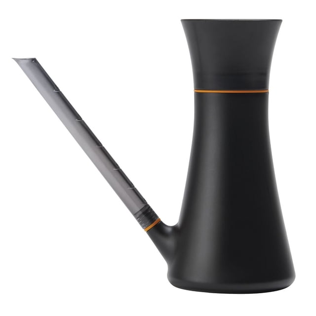 FISKARS WATERING CAN with a matte black resin body made from 30% recycled plastic, contoured for comfortable grip, featuring an easy-fill top and a long translucent spout with volume markings, holding 40 oz (1.2 L), suitable for precise garden and indoor plant watering.
