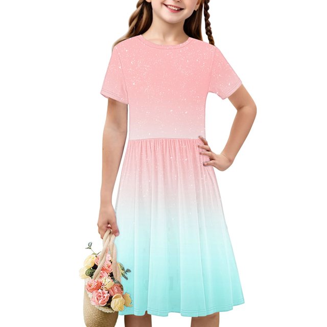 Soldes de Liquidation Aujourd'hui Offres Iumwxz Robe Décontractée Trapèze Robe Tunique pour Adolescentes Robe Col Rond Imprimé Dégradé Manches Courtes Robes pour Adolescentes Robe Élégante pour Fête des Fêtes 4-14a
