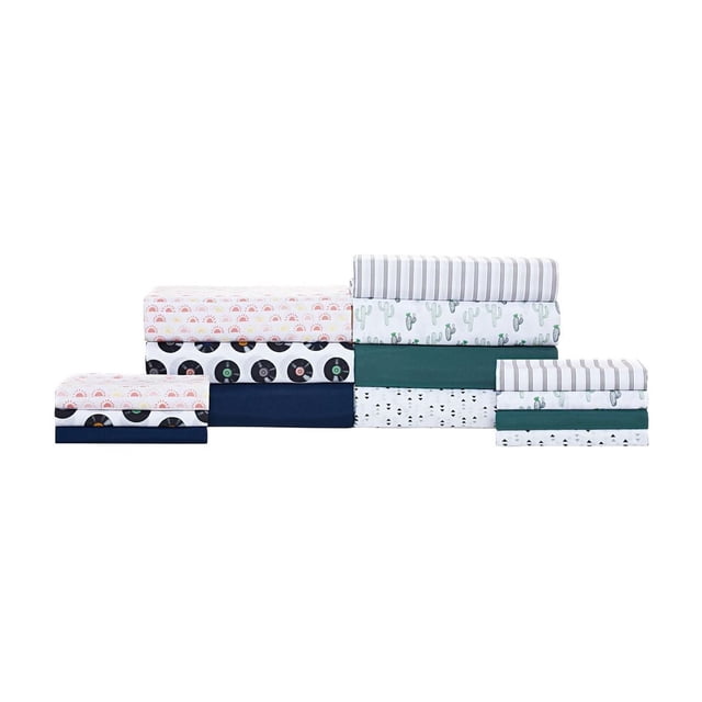 Mainstays Soft, Easy Care, Microfiber Sheet Set stacked in three groups featuring sun, vinyl record, cactus, stripe, solid navy, and teal patterns, made of wrinkle resistant, machine washable brushed microfiber with deep pocket fitted sheets for mattresses up to 14 inches deep.