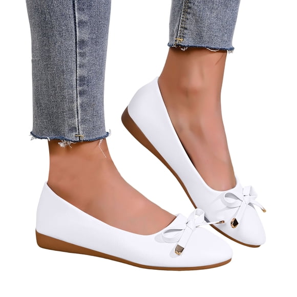 Womens Bows Leather Ballet Flat Non Slip Soft Soled Low Wedge Walking Shoes Comfortable Slip On Loafers White Size 8.5