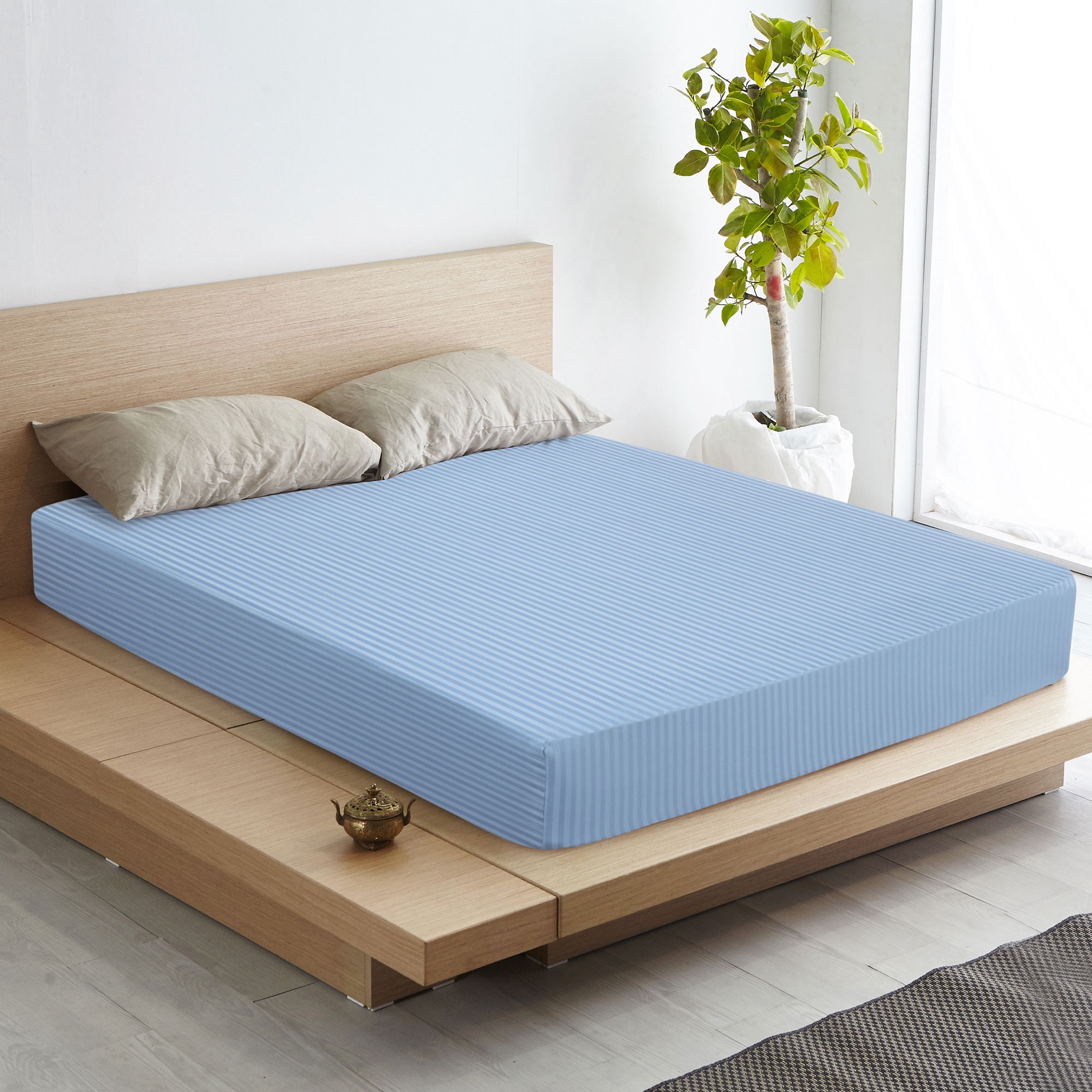 PiccoCasa Soft 100GSM Queen Striped Bed Fitted Sheets 16 Inch Deep Pocket Steel blue