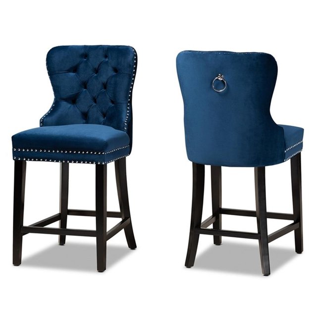 Baxton Studio Ensemble de Tabourets en Bois Bleu Rembourré et Finition Brune 2 Pcs