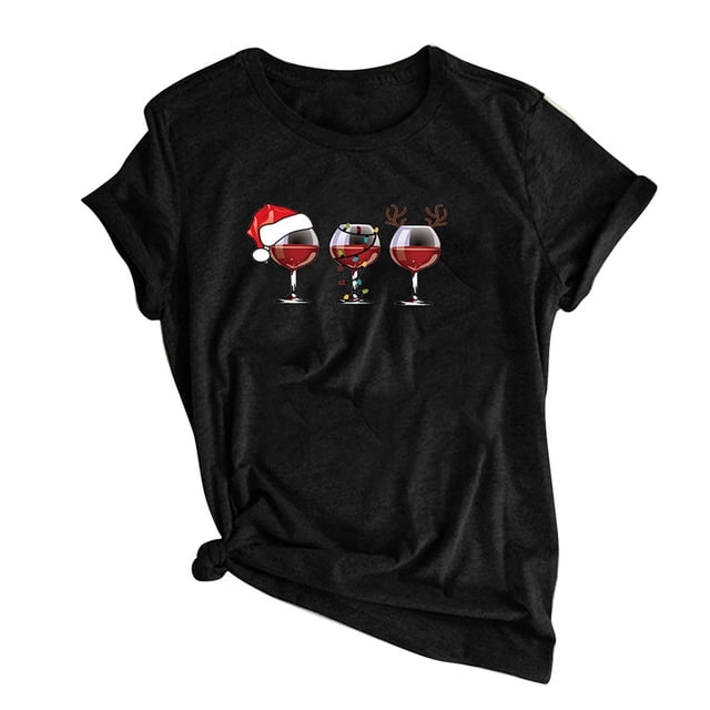 Qertyioot Femmes Noël Vin Verre Imprimé Manches Courtes T-shirt Décontracté Col Rond Pull Tops