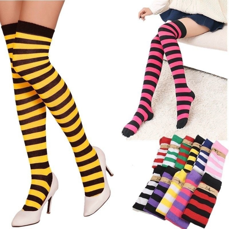 Womens Sheer Striped Thigh High Stockings Plus Size Over The Knee Socks