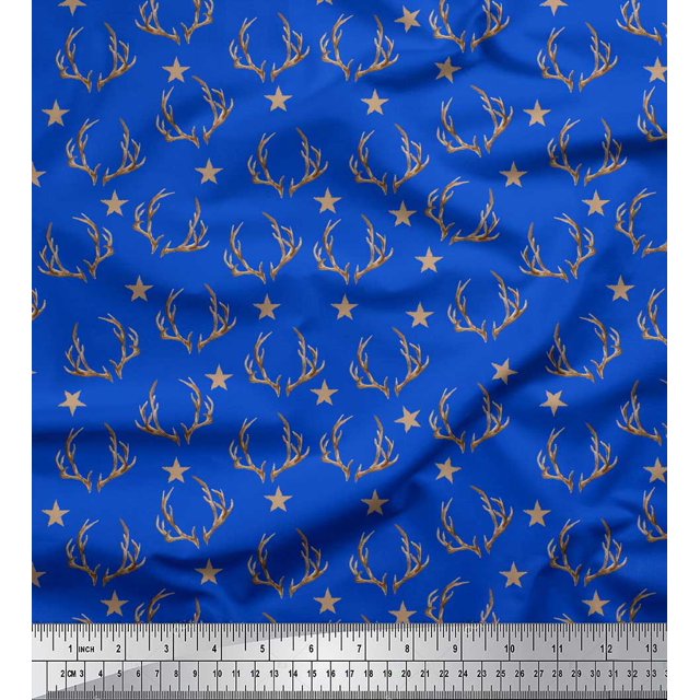 Soimoi Blue polyester Crepe Fabric Antler & Star Decor Fabric Printed Yard 42 Inch Wide