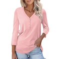 thumbnail image 2 of FAIWAD Womens V Neck 3/4 Sleeve T-Shirts Solid Color Casual Basic Tops 2024 Button Up Tees Blouses, 2 of 6