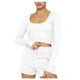 thumbnail image 1 of Hauts à Manches Courtes pour Femmes Mode Décontractée Unie Manches Longues Col Rond Ensembles de Pantalons Courts Légers d'Été pour Femmes, 1 of 8