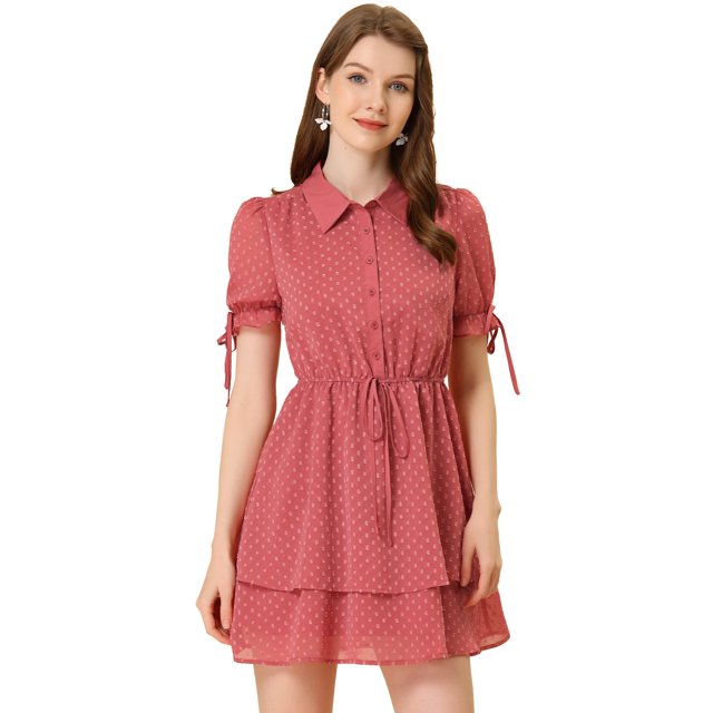 INSPIRE CHIC Robe pour Femme Col Peter Pan Poignets à Volants Robe Trapèze à Étages S Rouge Melon D\'eau
