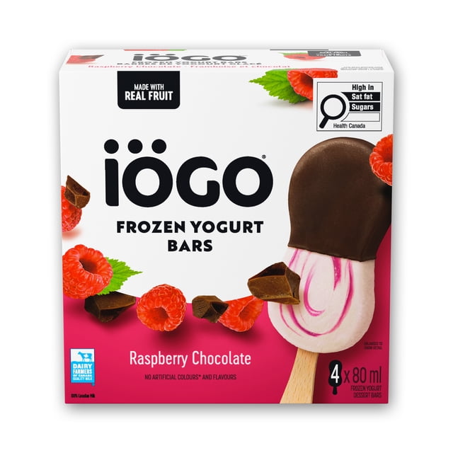 IÖGO Frozen Yogurt Bars, Raspberry Chocolate 1/2 Dipped In Chocolatey Coating, 4 x 80 ml