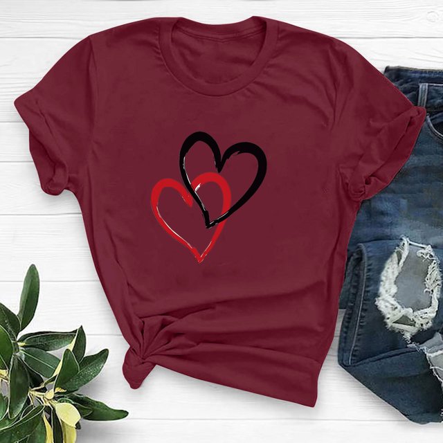 Meichang Hauts pour Femmes, T-Shirts de la Saint-Valentin, Imprimé Cœur, Manches Courtes, Coupe Ample, Col Rond, Mignons