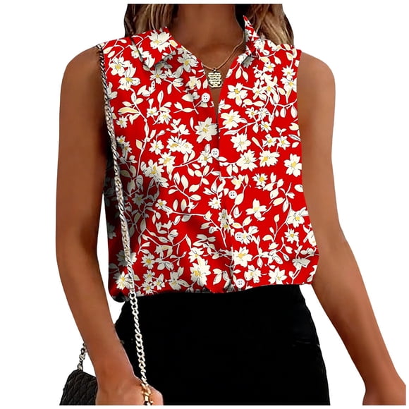 Dazajoo Women's Sleeveless Top Summer Casual Funny Print Collared Button Down Tank Tops Plus Size Elegant Stretch Business Office Work Blouses Multicolor,XXL