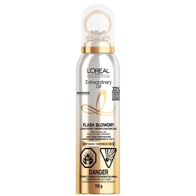 Oréal Paris Extraordinary Oil L' Brume Sèche Sans Rinçage pour Brushing en Bouteille Vaporisateur Métallique Or et Argent 150 g avec Bouchon Transparent, Formulée pour les Cheveux Secs comme Traitement Capillaire Offrant une protection contre la Chaleur jusqu'à 230 °C et Réduisant le Temps de Brushing de 33 %.