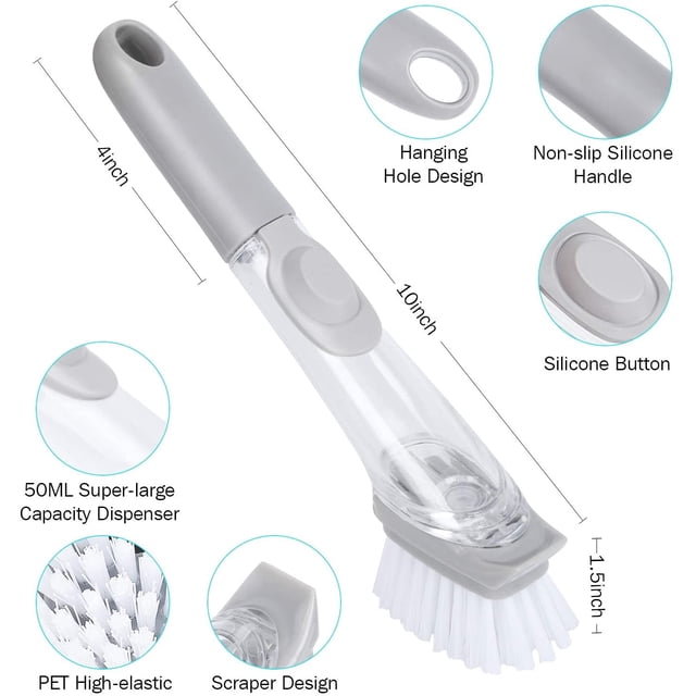 Dish Brush with Soap Dispenser Kitchen Brush featuring a replaceable, non-scratch sponge head and ergonomic handle. The brush includes a 50ml soap reservoir in the handle, a silicone button for controlled soap dispensing, and a hanging hole for convenient storage. Suitable for cleaning dishes, pots, pans, bathroom surfaces, and more.