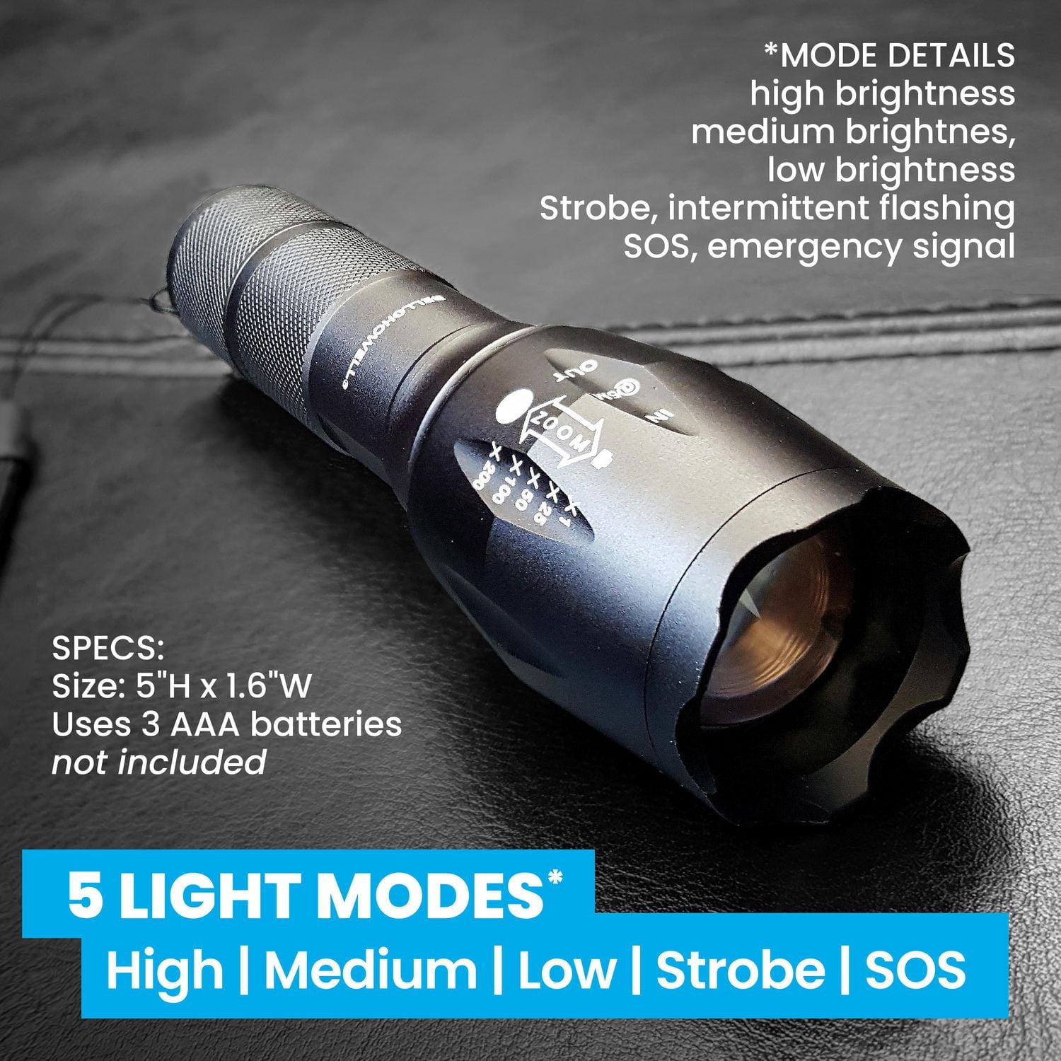 Bell + Howell Taclight Tactical Black Flashlight 3-Pack – Ultra Bright LED, 5 Modes, Zoomable, Waterproof, Durable Aluminum