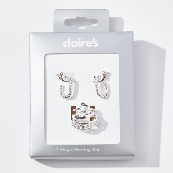 Claire's Ensemble de Bijoux Comprend des Boucles d'Oreilles en Argent de 20 mm Style Corde, et 4 Bagues Taille Petit/moyen, Boîte-Cadeau, Femme, 91549