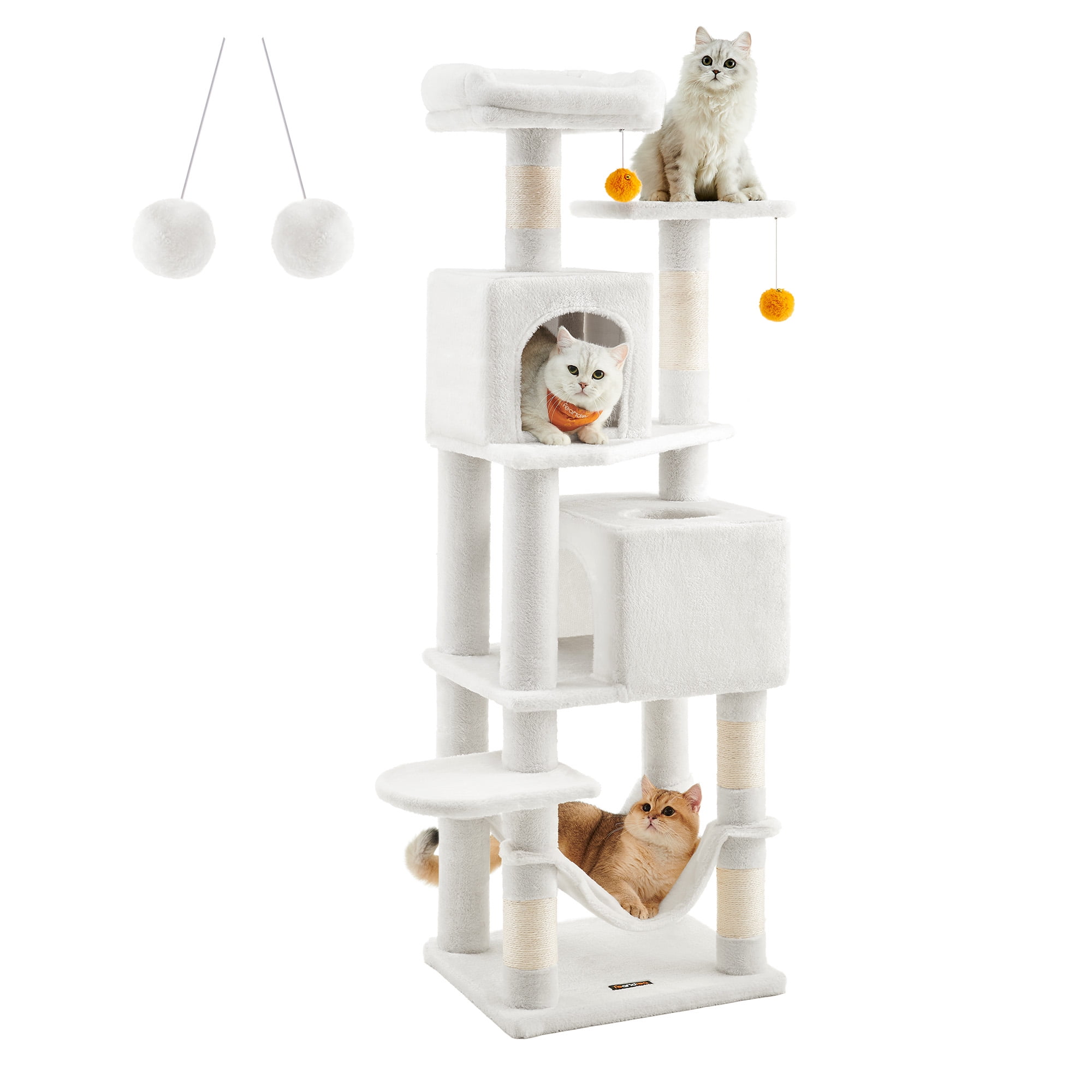 61"H Cat Tree Cat Tower for Indoor Cats, Plush Multi-Level Cat Condo with Scratching Posts, Perches, Caves, Hammock, White
