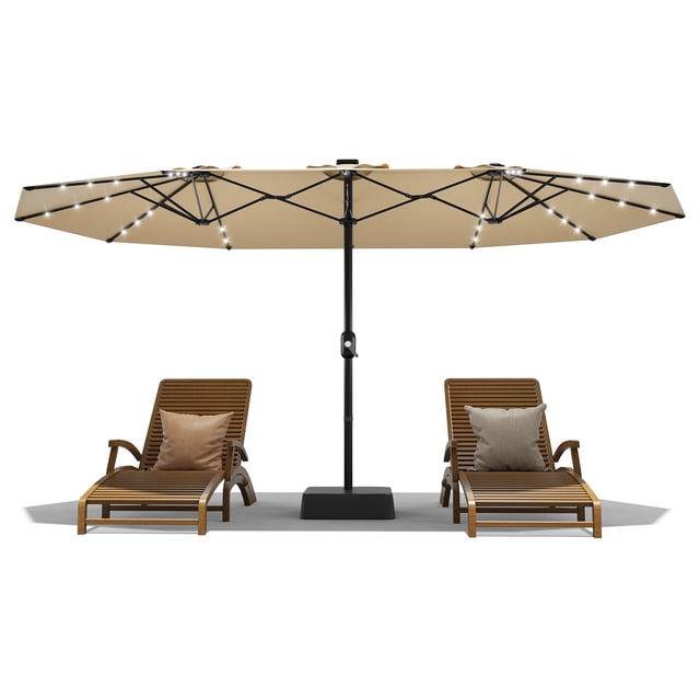 15 ft Large Patio Umbrella with Base and Solar Lights, Double-Sided Rectangle Umbrella Oversized Shade for 8-10 People,36 LED Lights and Weighted Base for Pool, Deck, Backyard