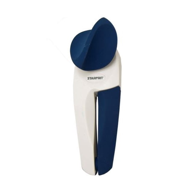Starfrit MightiCan Ouvre-Boîte avec Corps Blanc et Poignée Ergonomique Bleu Foncé Confortable et Bouton Antidérapant Robuste, Coupe les Boîtes en Toute Sécurité sur le Côté Sans Bords Tranchants, Empêche le Couvercle de Contacter les Aliments pour une Ouverture Hygiénique, Convient aux Utilisateurs Droitiers et Gauchers.