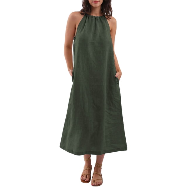 Kaemgyyd Robes à Col Licou pour Femmes Été Sans Manches Robe d'Été Décontractée Plage Vacances Fluide Bohème Mi-Longue avec Poches