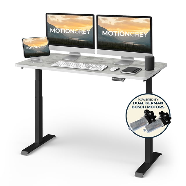 MotionGrey Height Adjustable German Electric Dual Motors Sit to Stand Computer Home Table and Office Standing Desk - Black Frame with White Tabletop (140cmx71cmx2.5cm)