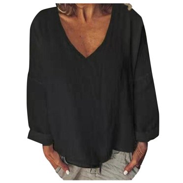 CEHVOM Womens Spring And Summer V-Neck Long Sleeve Solid Loose Casual Cotton Clearance