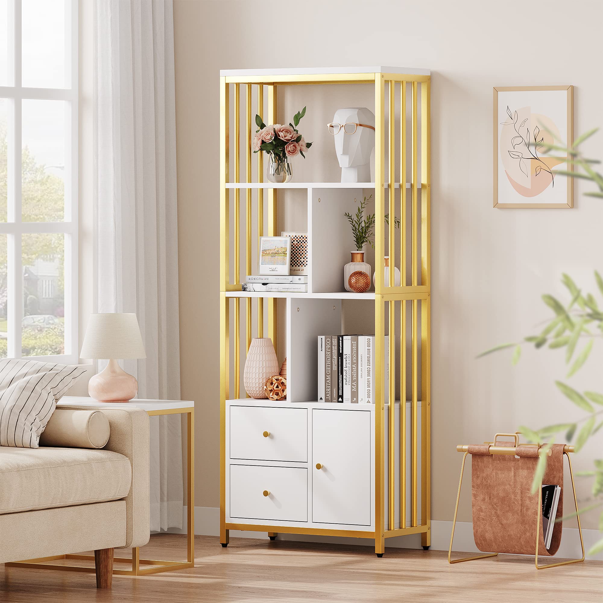 BeesClover Gold Bookshelf Modern Bookcase with Drawers Storage Rack Shelf Tall Standing Bookshelves Metal Frame Large Display Racks Unique Book Shelf for Bedroom, Living Room, Home Office, White/Gold