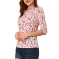 thumbnail image 4 of INSPIRE CHIC Hauts pour Femmes Non Doublés Col Rond Manches au Coude Coupe Ajustée T-Shirt Décontracté TP Blanc-Floral, 4 of 7