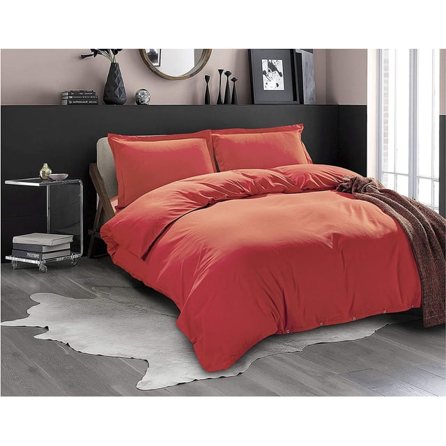 3-Piece Duvet Cover Set, 1800 Thread Count, Button Closure, Solid Color - Cooling, Breathable Material- Wrinkle, Fade, Stain Resistant, Full/Queen, Rust