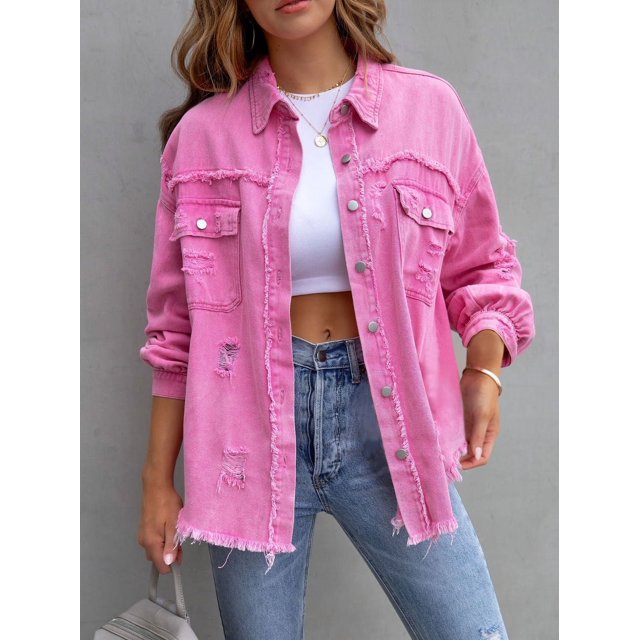 SEARIPE Women‘s Casual Denim Jacket Frayed Hem Ripped Long Sleeve Jean Jacket With Pockets Pink M