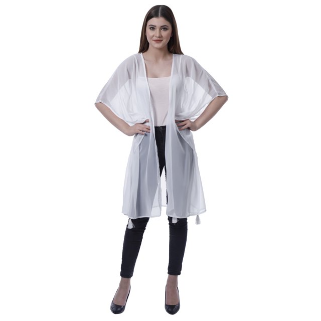 Moomaya Womens Georgette Shrug Open Front Long Sheer Coverup w/ Tassels