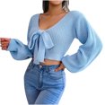 thumbnail image 2 of Qertyioot Chandails à Col en V pour Femmes Automne Mode pour Femmes Hiver Manches Blouse Unie Chandail à Nœud Hauts, 2 of 7