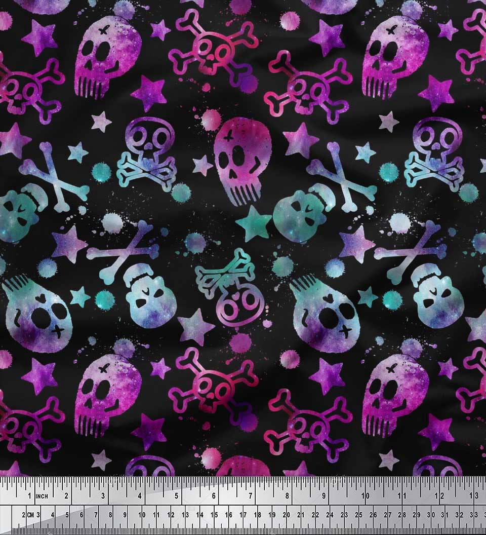 Soimoi Poly Georgette Fabric Star,Crossbones & Skull Halloween Print Sewing Fabric Yard 42 Inch Wide